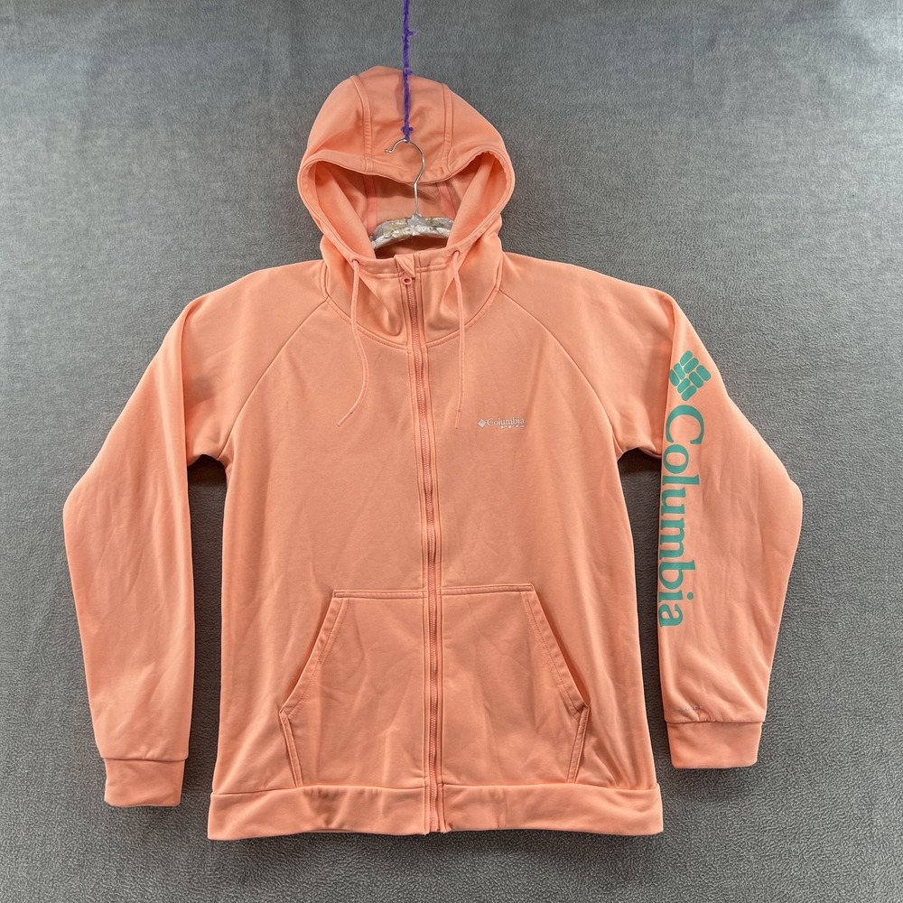 Columbia PFG Women's Size M Pink Full Zip Hooded Spellout Jacket Outdoor
